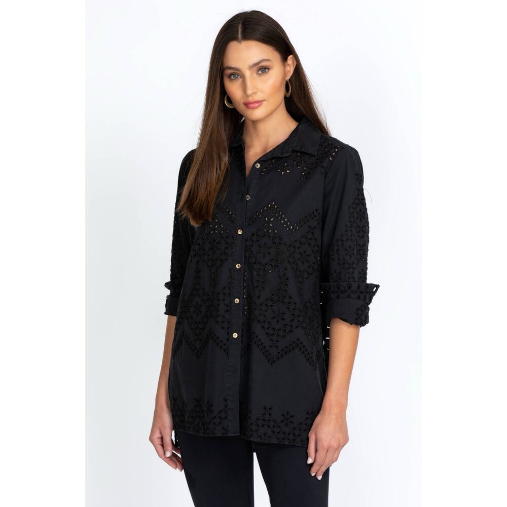 Johnny Was Sz XS Black Lynx Embroidered Button Up Shirt Eyelet Cotton‎
